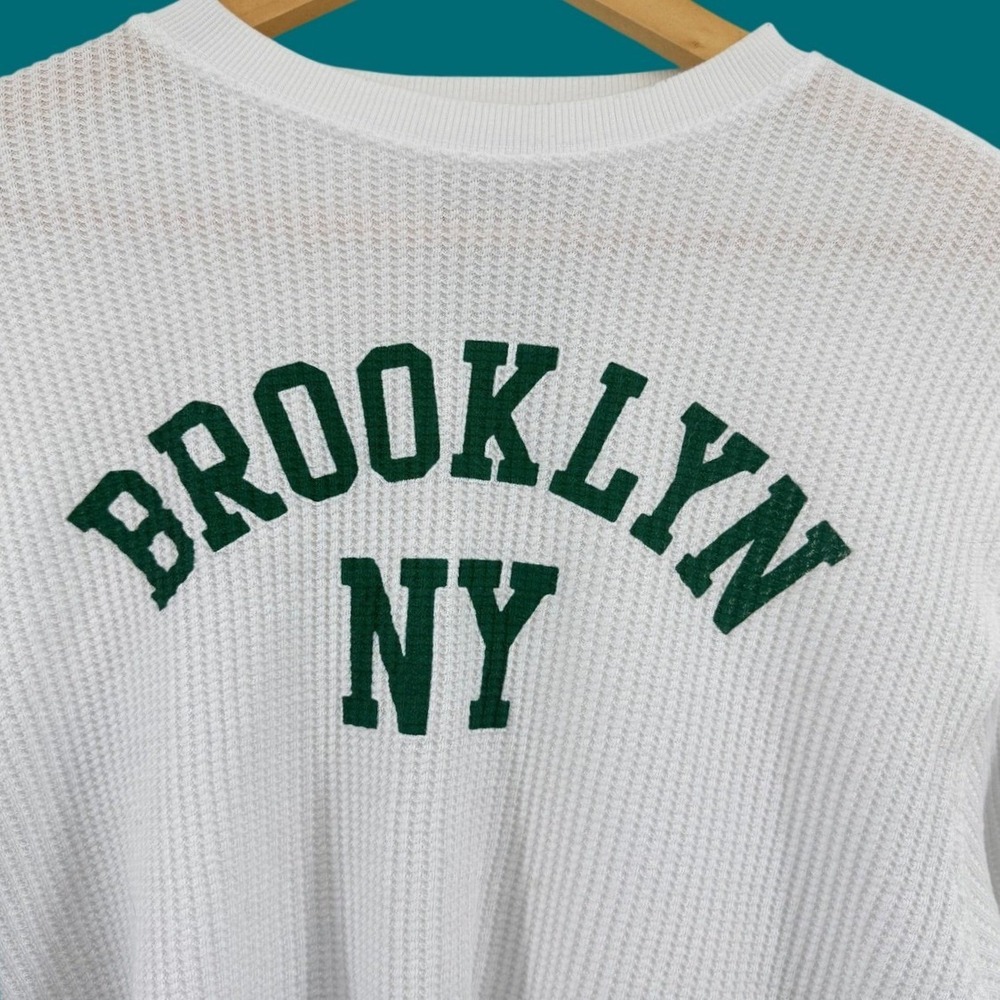 Brooklyn NY Thermal Shirt White Waffle Knit Modern Lux Varsity Graphic Small